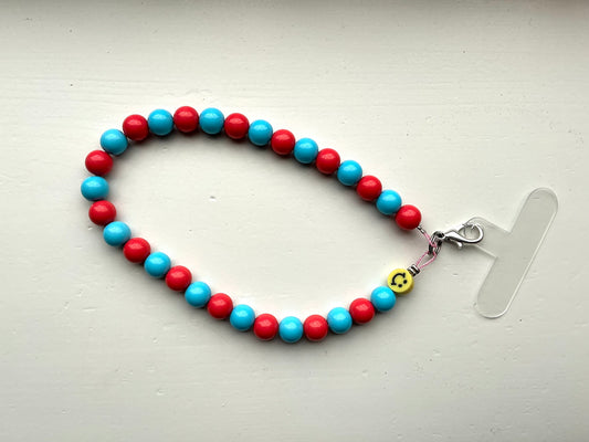 Gekleurde kralen telefoonkoord rood/lichtblauw