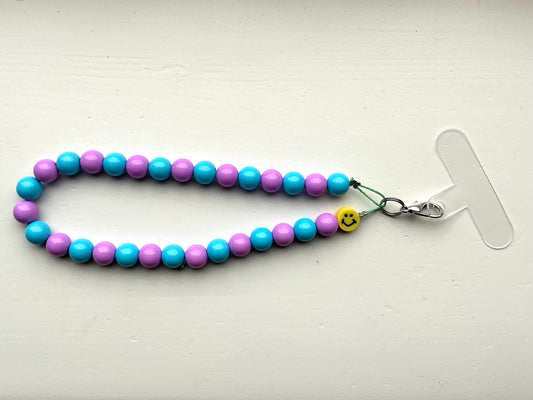 Gekleurde kralen telefoonkoord lila/lichtblauw